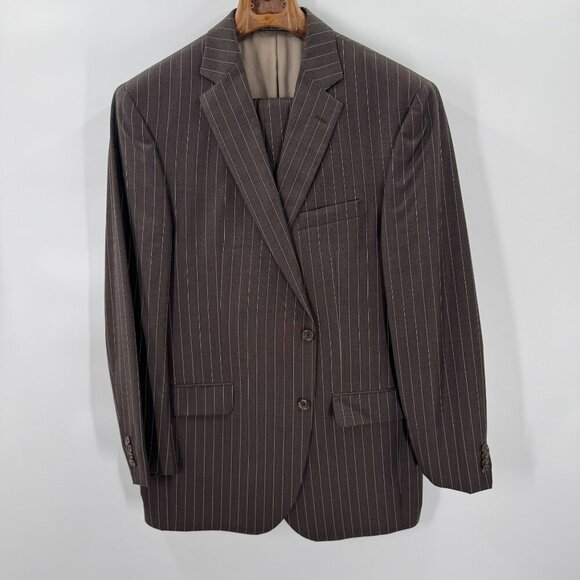 Jack Victor Super 110s Two-Piece Brown Pinstripe Suit Mens Size 44L - Picture 1 of 16